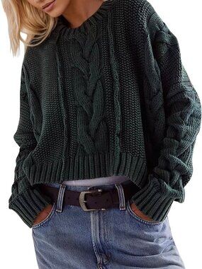 Burtell Dark Green Cable Knit Cropped Crewneck Chunky Sweater Cozy Fall
